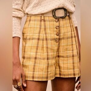 Sezane Yellow Plaid High Waist Shorts